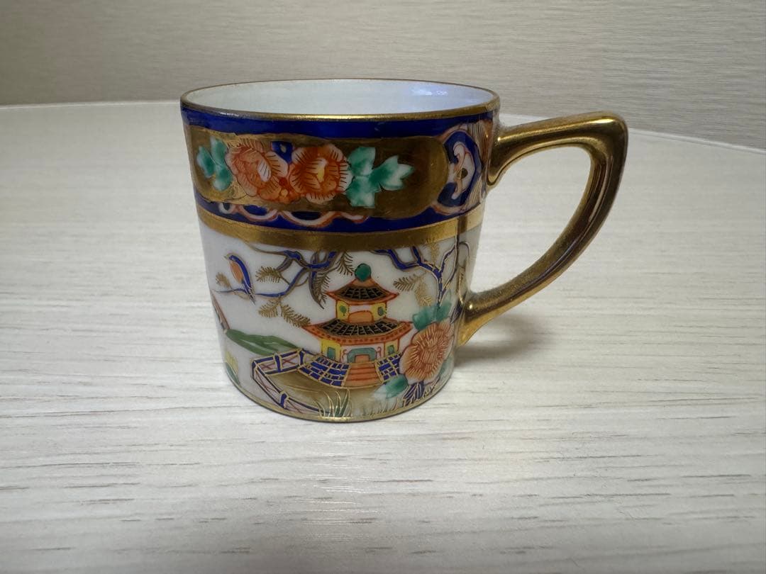 オールドノリタケ 戦前 デミタスカップ＆ソーサー 和風楼閣文 金彩 昭和初期