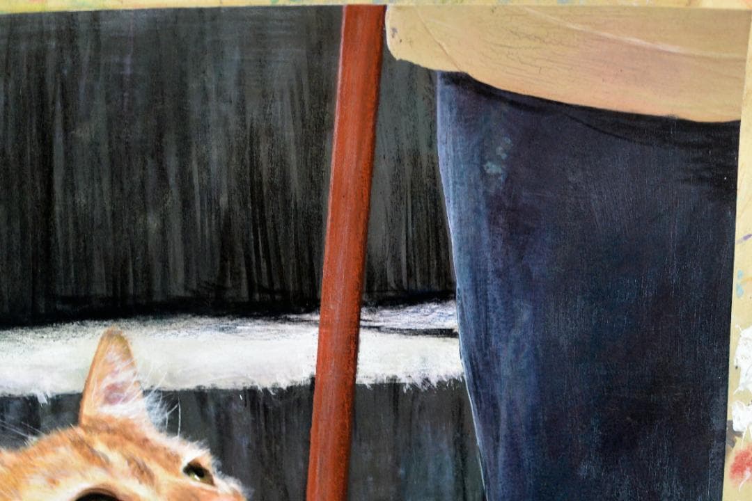 アクリル画　石段で見守る猫　Ａ２