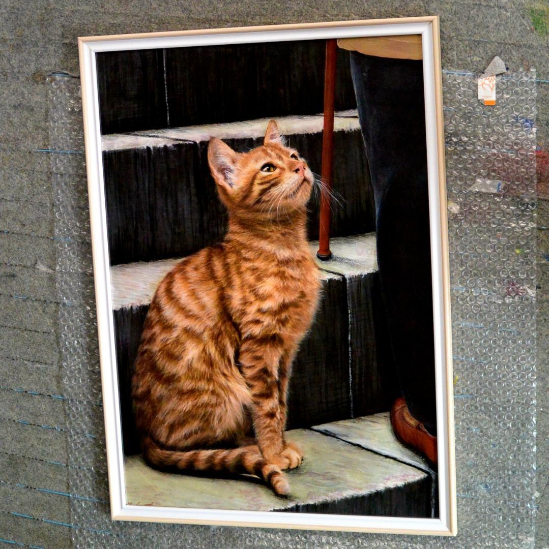 アクリル画　石段で見守る猫　Ａ２