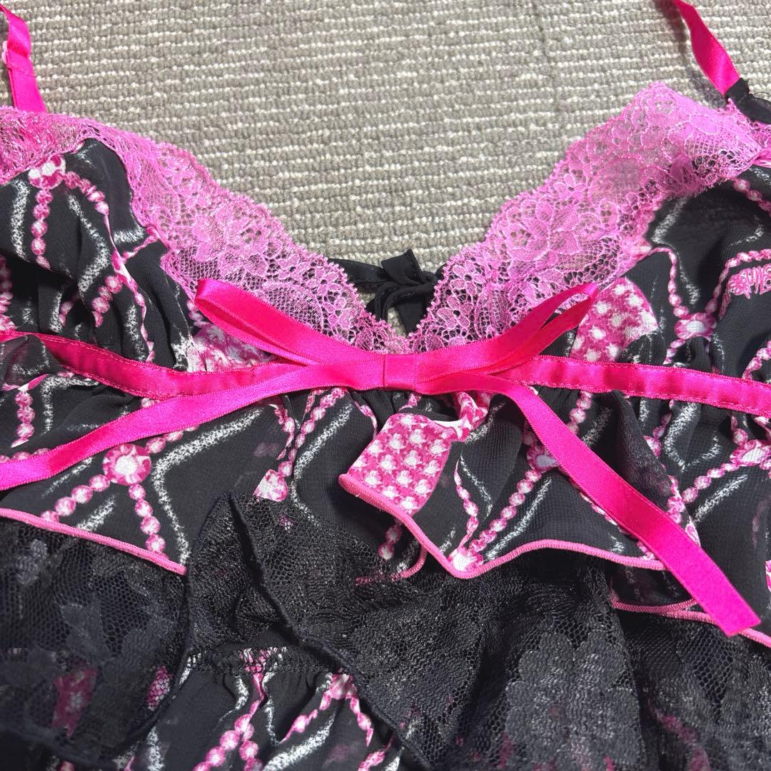 MARSおリボンダイヤ柄Sugar Glossフリル付キャミソール 黒/ピンク