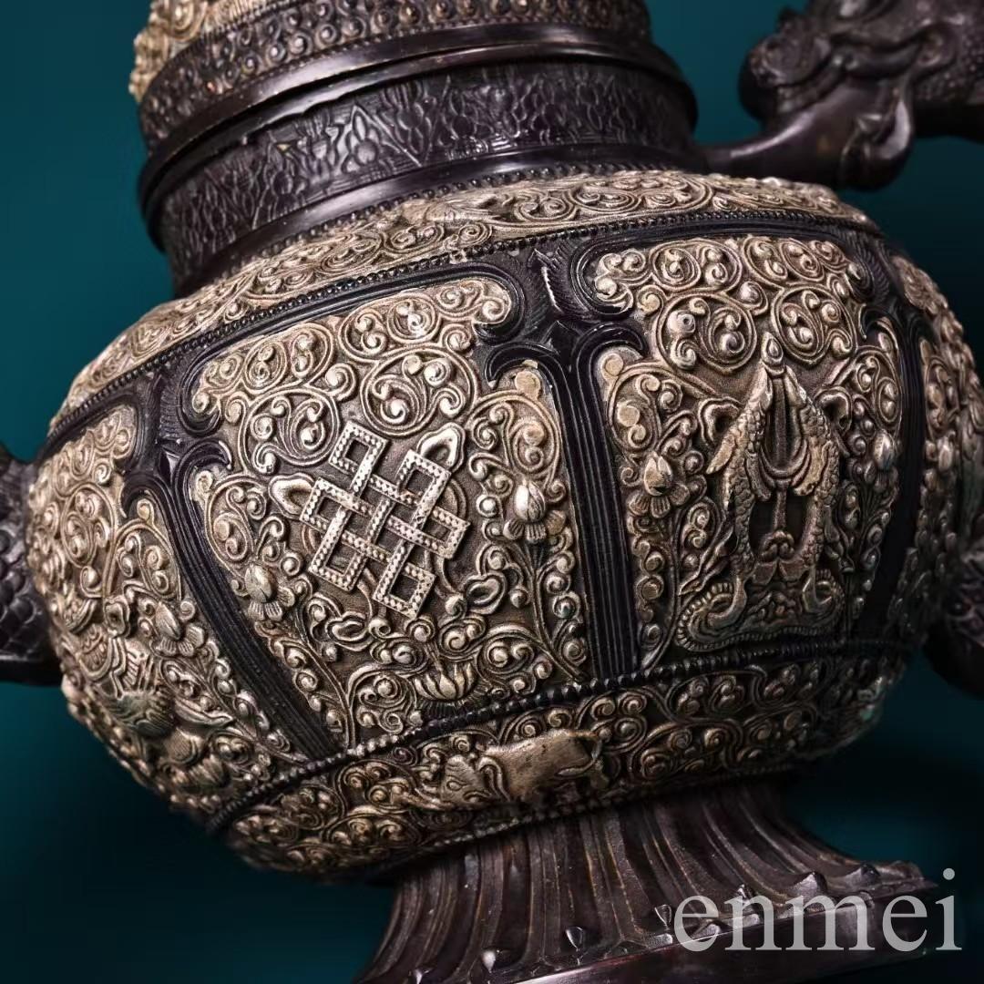 中国古美術・チベット収蔵・純銅鍍銀「吉祥八宝」バター茶壺・純手作り・急須・茶壺