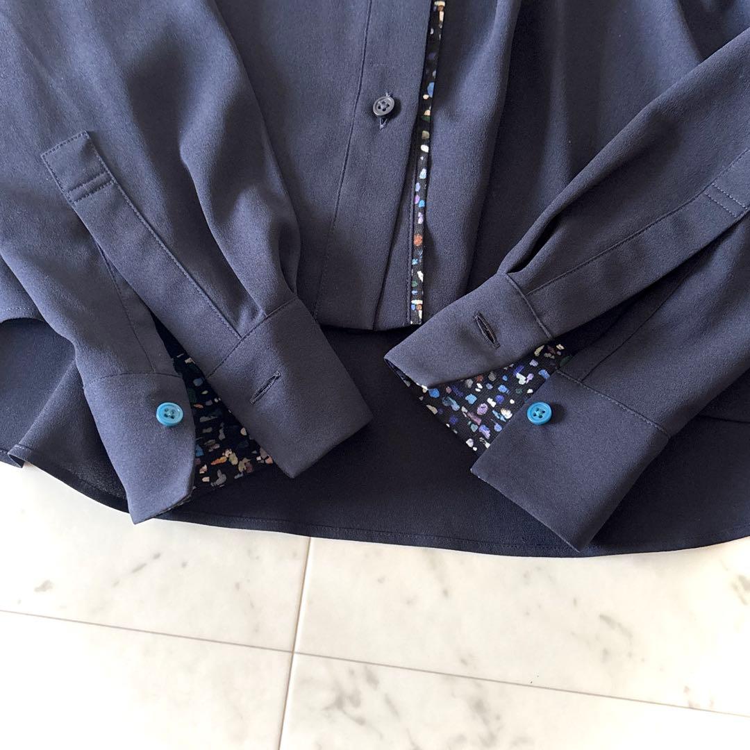 美品 ピーエス ポールスミス とろみブラウス 洗える ネイビー 42 XL 濃紺