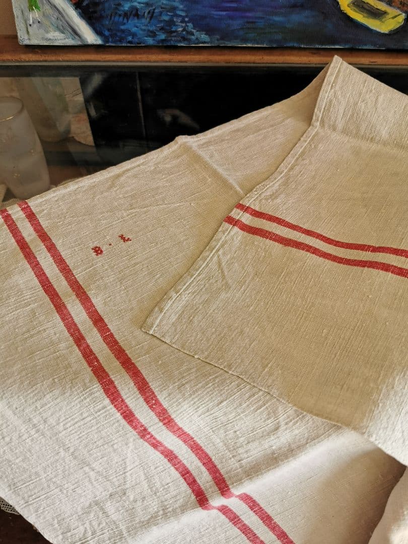 アンティークフランス ダブルレッドライン ホームスパンリネン大判クロス ＢＬ刺繍