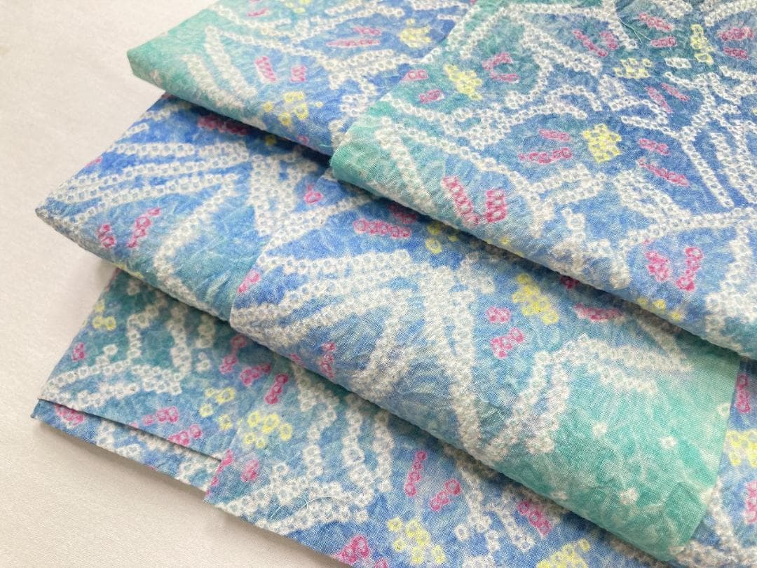 有松絞り【浴衣】蝶 綿 夏着物 黄緑 水色 赤 黄 白 パステルカラー 099