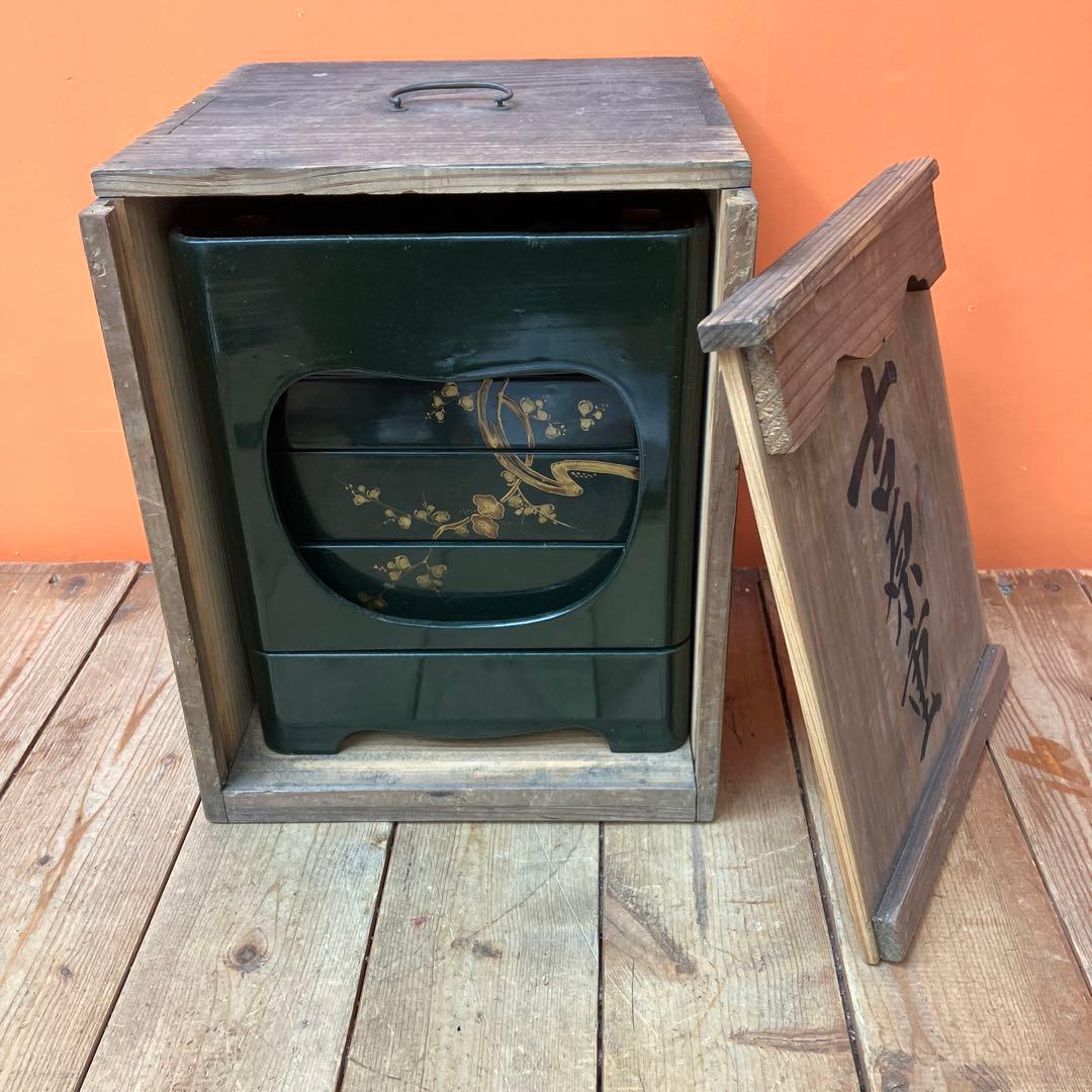 D-5 吉原重 時代物 野弁当 漆器 お重箱 提重 木製 蒔絵 桐箱入り 骨董品