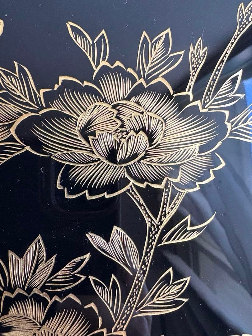 清仙作 黒塗り沈金文箱 牡丹孔雀柄 未使用に近い 箱・布付き和室 書道 茶道