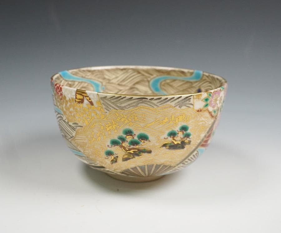 京焼 与山窯 小川由雄 仁清扇面草花茶碗 茶道具