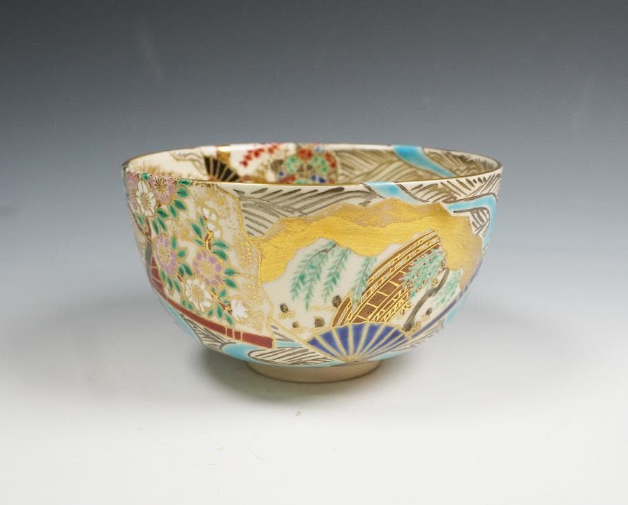 京焼 与山窯 小川由雄 仁清扇面草花茶碗 茶道具