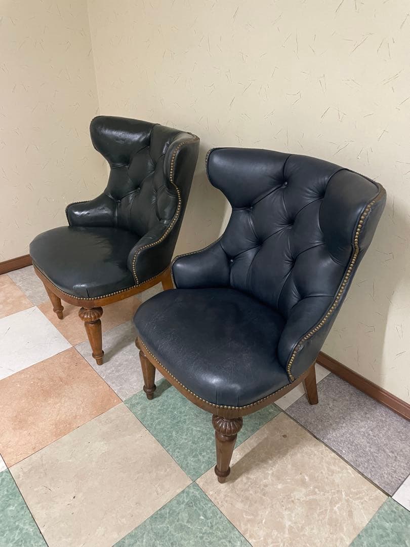 ダークブルー レザー クラシックチェア 2脚セット