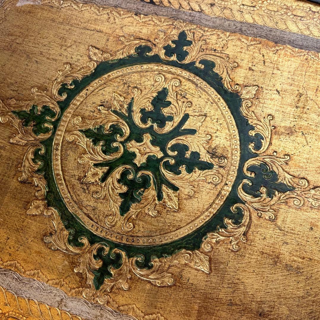 【イタリア】ヴィンテージ 木製 トレイ フロレンタイン 金色 深緑 大きめ