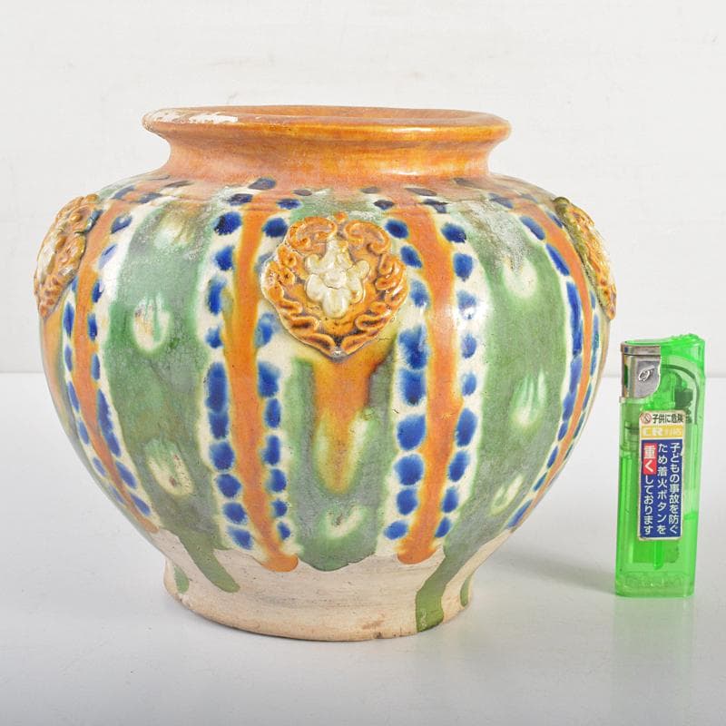 中国　唐三彩　貼花文　壷　C　R6653