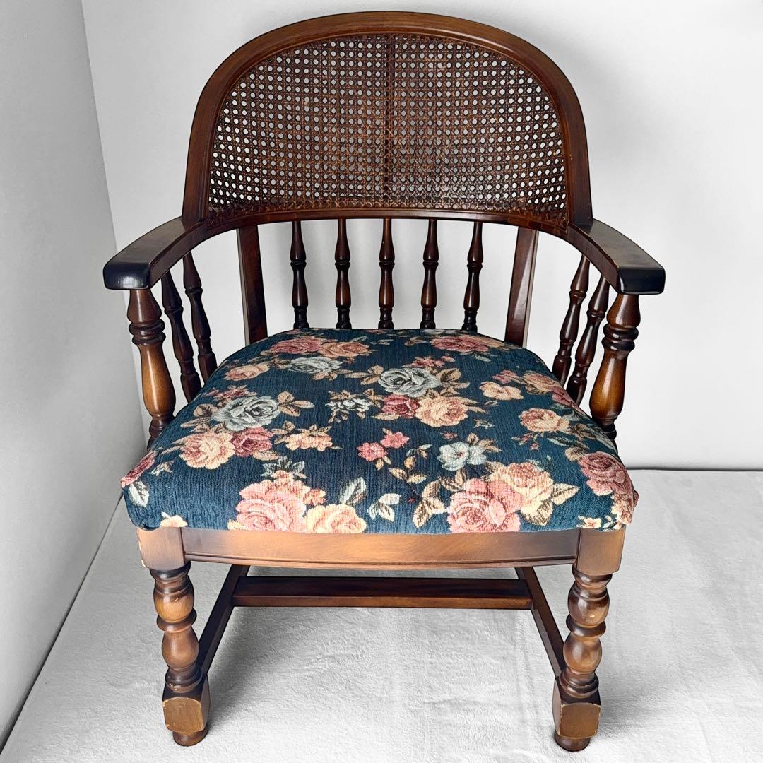 オールドカリモク コロニアル 花柄 ベロア ラタン アームチェア アンティーク