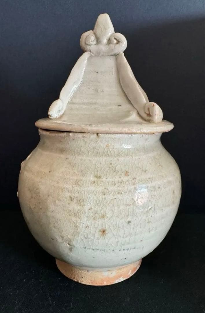 中国骨董　漢　青磁神亭小壺　蓋付き　茶入　茶壺　唐物　収蔵品　古美術(N-10)