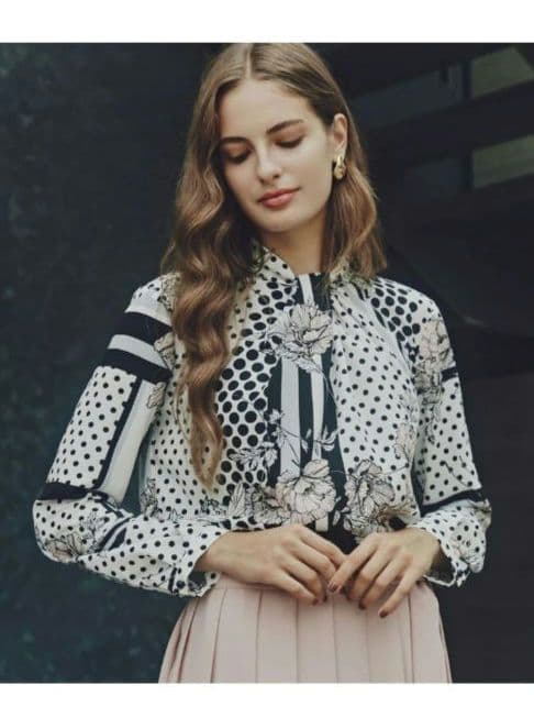 ラインブロックフラワープリントブラウス