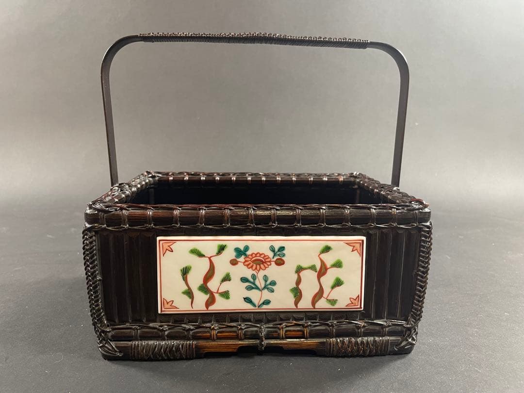 17 最終値下げ　和田鱗司 陶板入 唐物入 莨盆 共箱 竹網 煙草盆 竹工芸