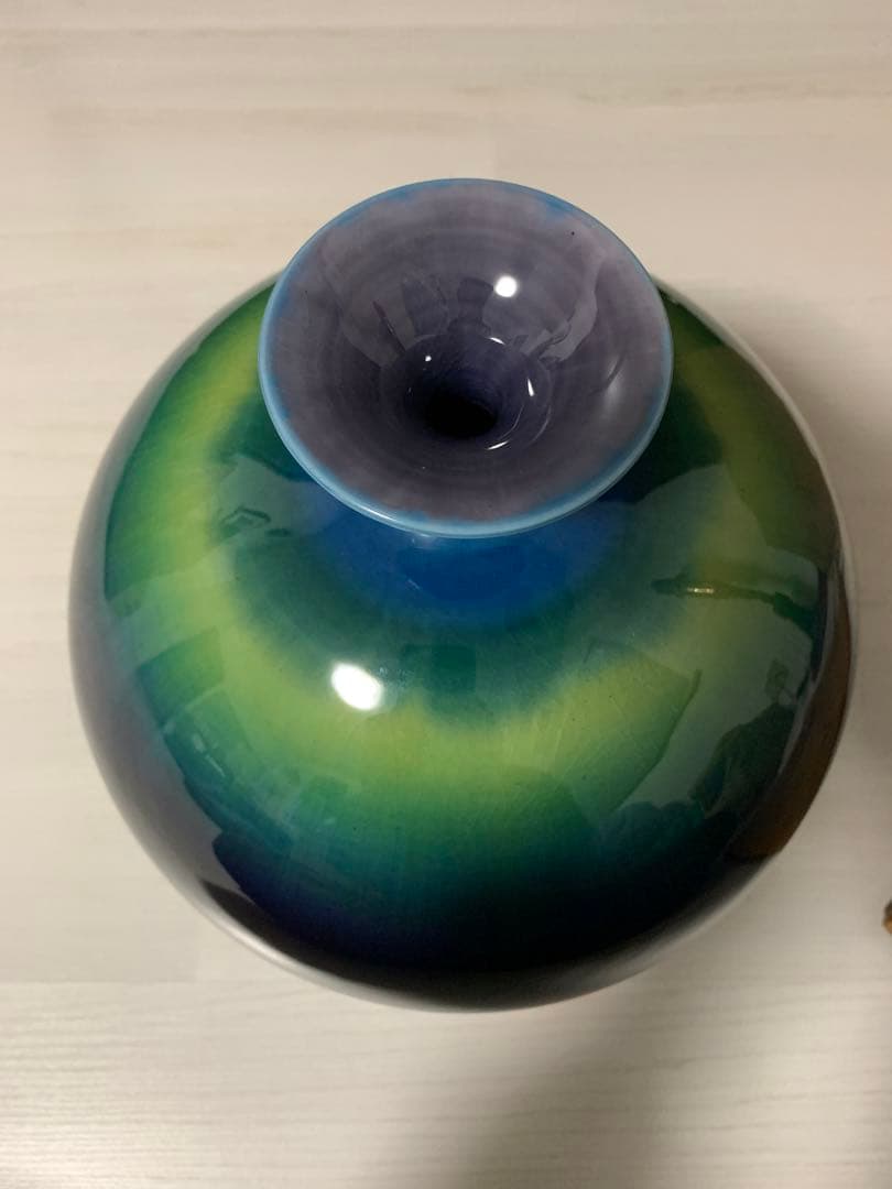 人間国宝 三代 徳田八十吉作 （正彦銘）特大 碧明釉 壺 管理T71 花器 花瓶