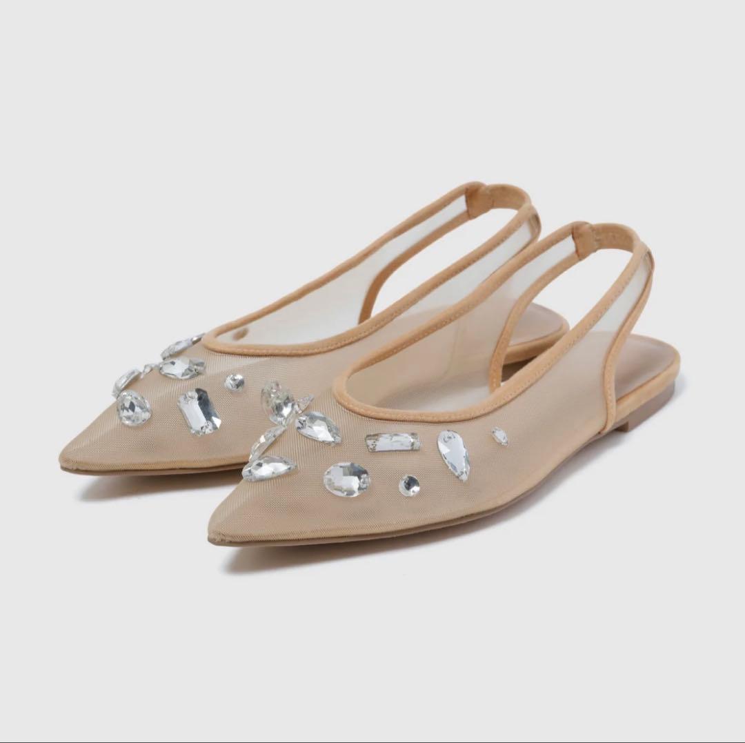 【新品未使用】TULLEビジューバックストラップミュール　ベージュ/クリア　M