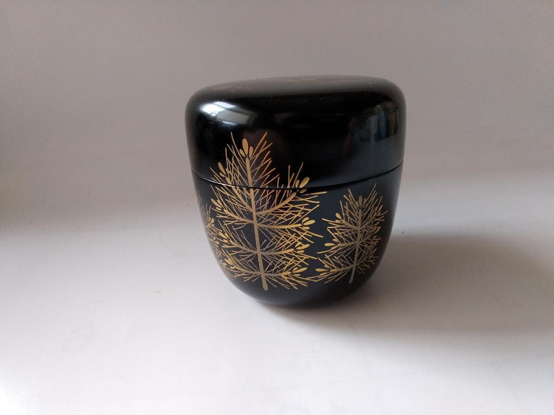 茶道具 茶器 黒塗 松喰鶴蒔絵 中棗 牧田芳祥 作 漆器 抹茶 棗 共箱 美品