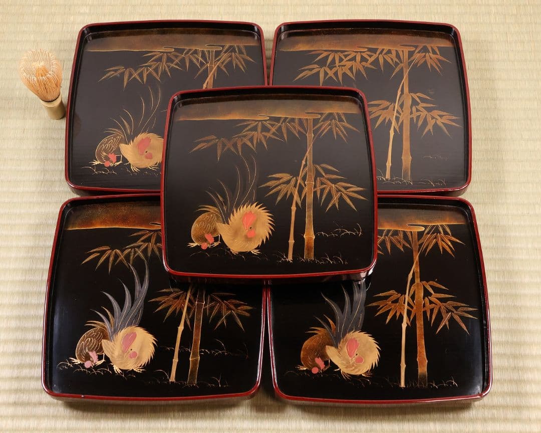 木製漆器 竹鶏蒔絵 吸物膳 五客 溜塗 黒塗 足付 四方膳 茶懐石 CM386
