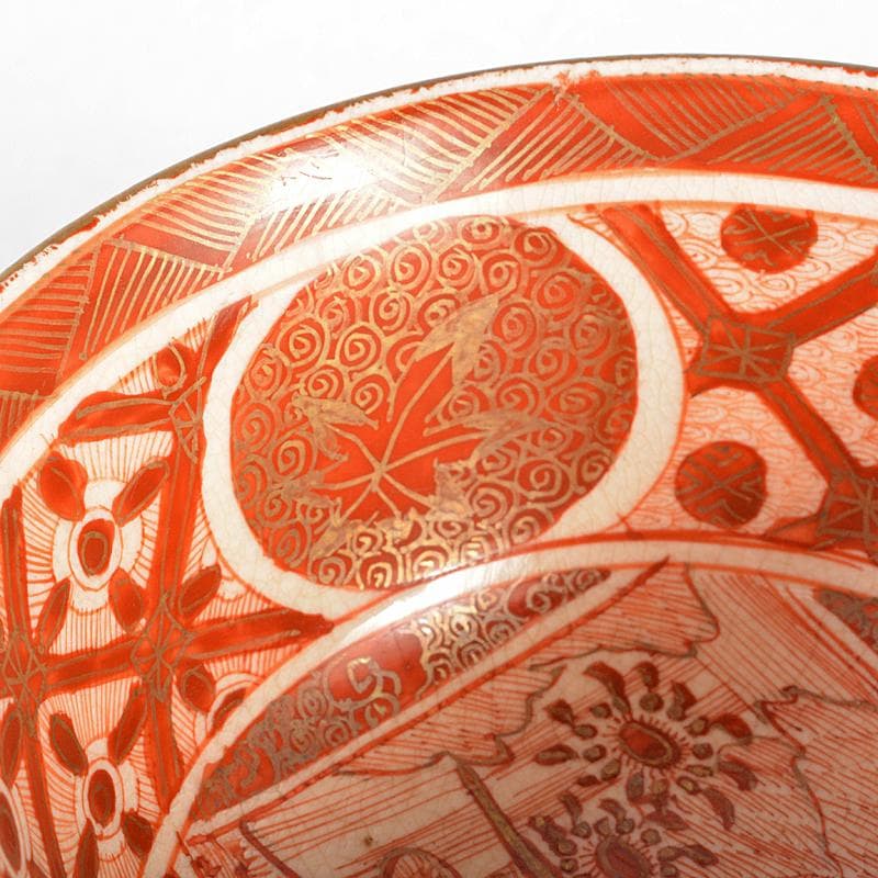 九谷焼　古九谷　赤絵金彩　人物文　小碗　時代箱付　M　R5796