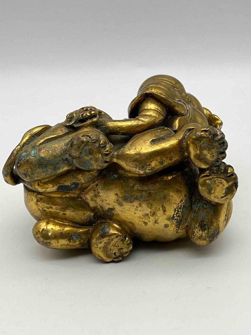 清時代　金銅象雕 鎮紙 文鎮　銅塗金　細密細工　神獣　蒐集家放出(F-80)