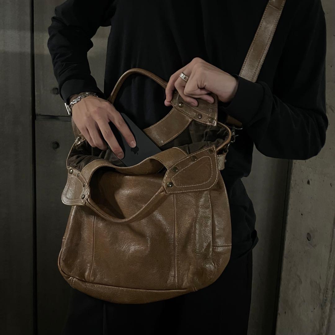 Y2K グランジ スタッズ 本革レザー ショルダーバッグ アーカイブ ギミック