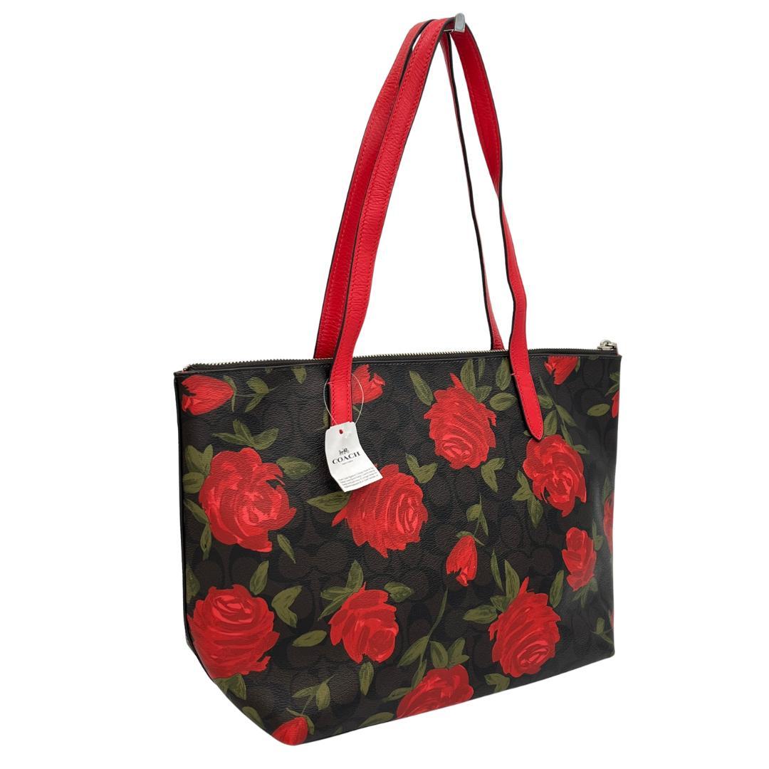 COACH コーチ トートバッグ シグネチャー ローズプリント 赤花 レッド系