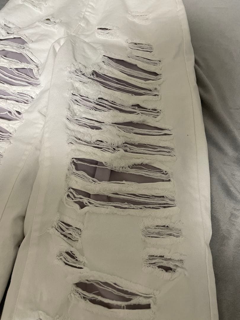 GRANCYスウェットドッキングデザインダメージバギーデニムパンツ ホワイト