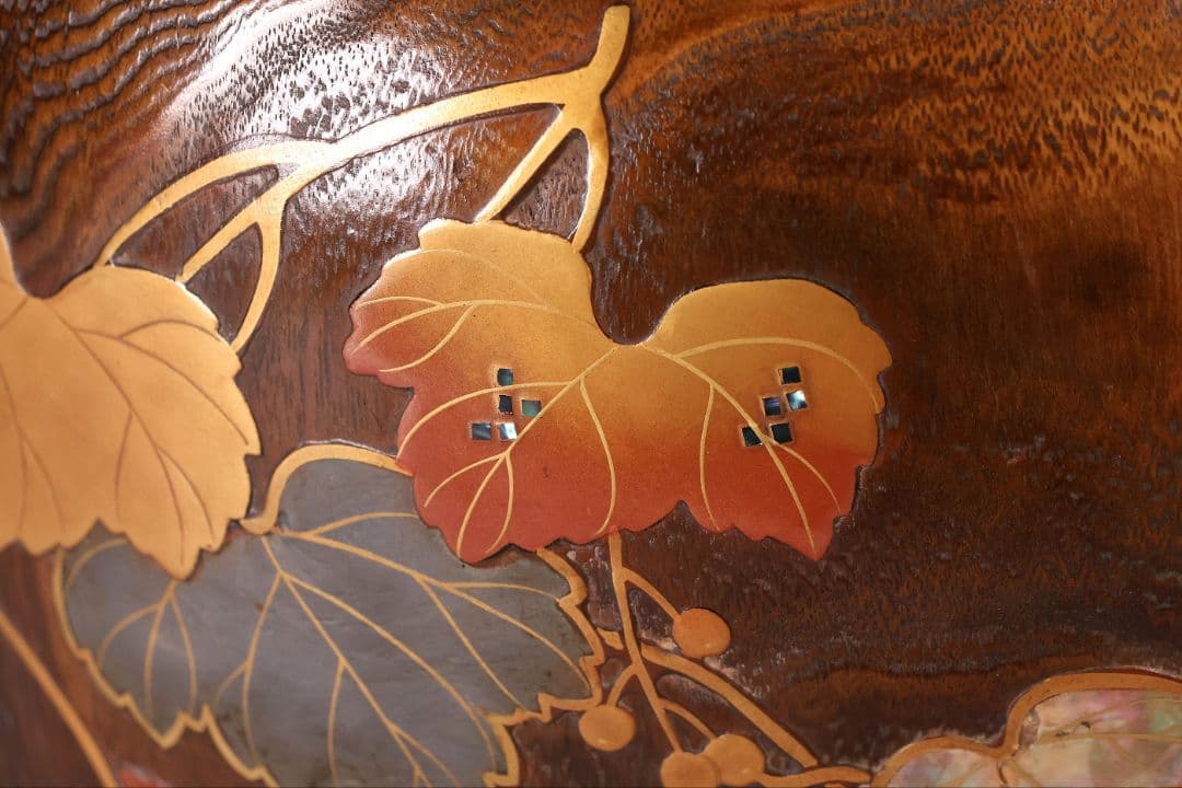 尺参 桐火鉢 金蒔絵 螺鈿細工 幅37.8cm 尺3 蔦 鳥 草【MB32】