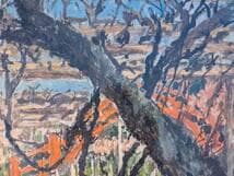 【真作】絵画　油彩8号　太鼓橋の見える庭園　力強い筆致の風景画　W100