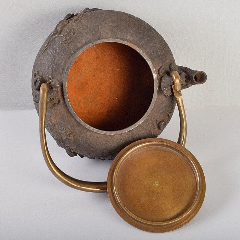 煎茶道具　日本亀文堂　黄銅蓋　山水文　鉄瓶　M　R9274