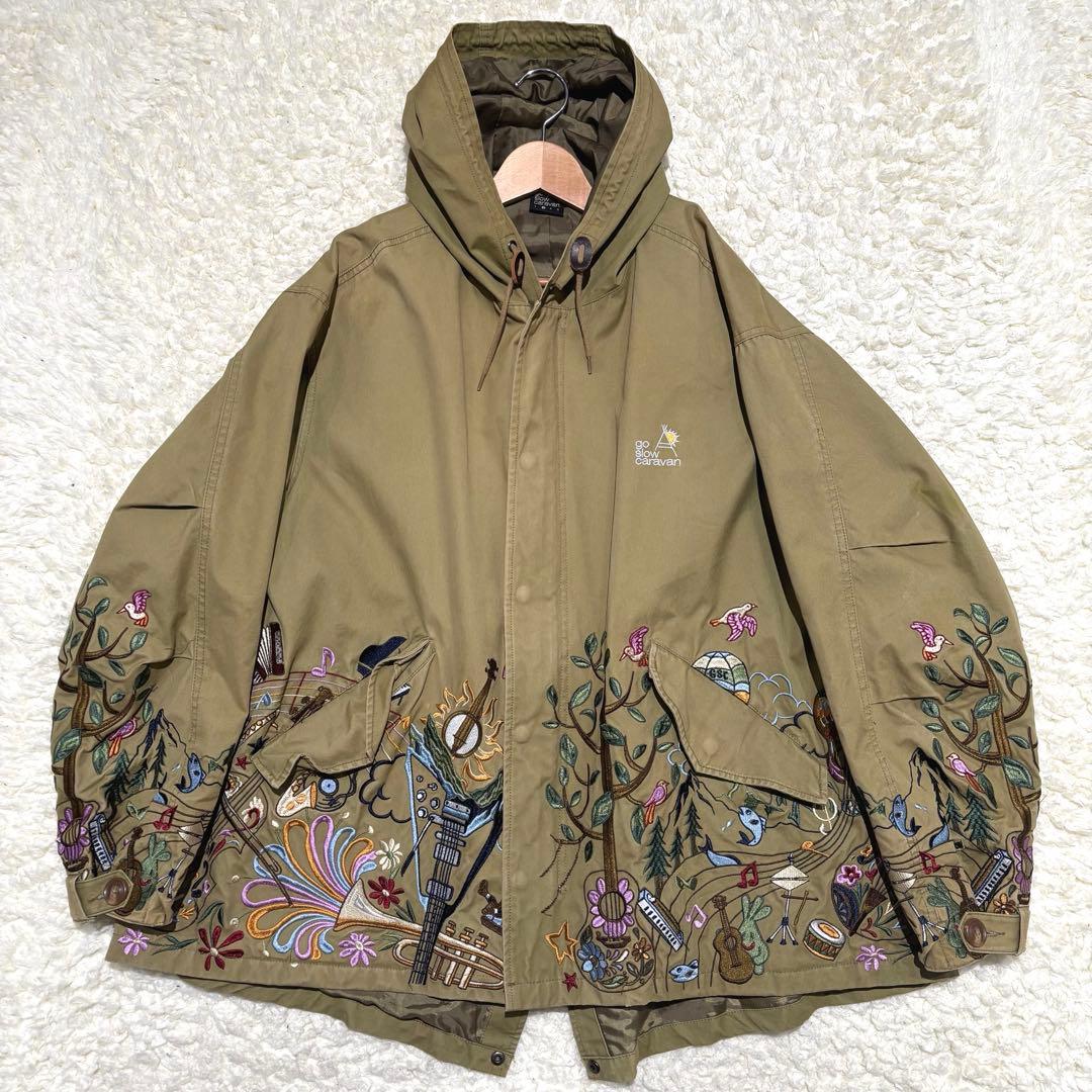美品 go slow caravan コードクロスパネル 刺繍 モッズコート L