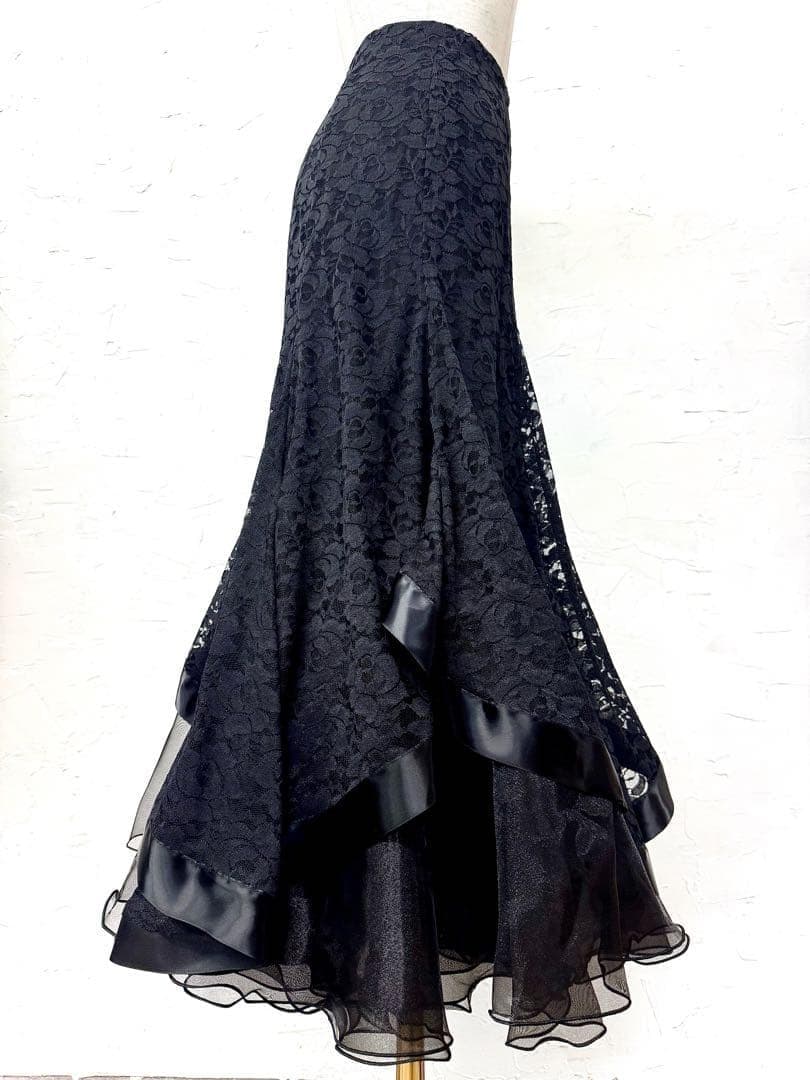 【薔薇レース】新品 社交ダンス用裾サテンテープ 黒ロングフレアスカートb502