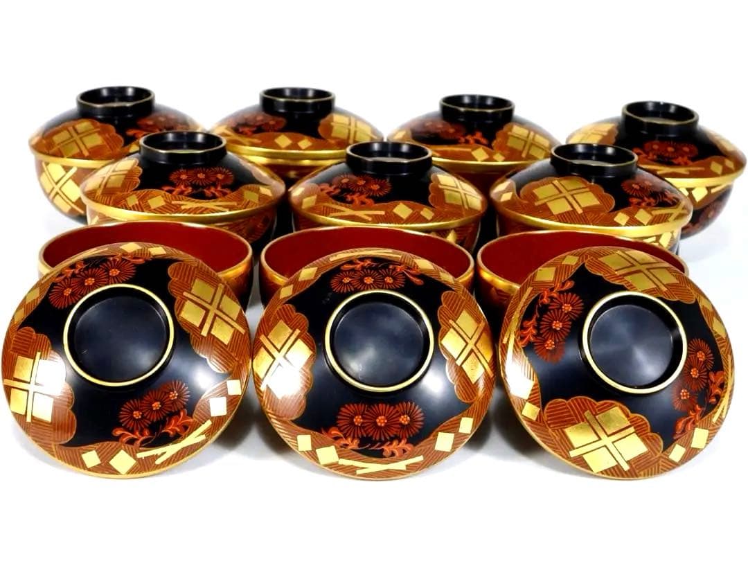 南部漆器 老舗光原社 秀衡塗 木製 金箔色漆　菱に梅文様　蓋碗十客　茶道具