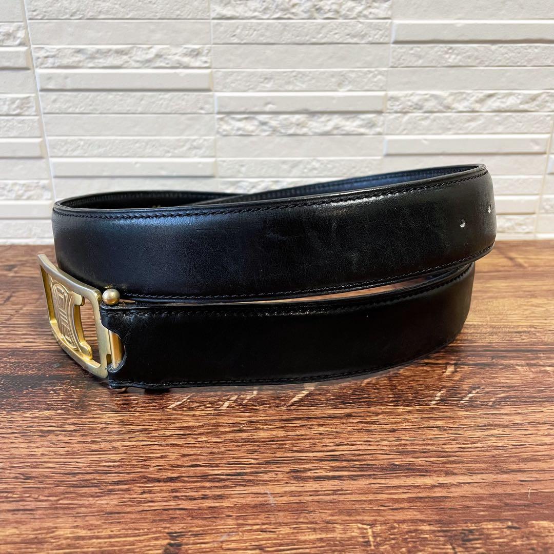 良品 セリーヌ レザー トリオンフ バックル ベルト ゴールド金具 ブラック