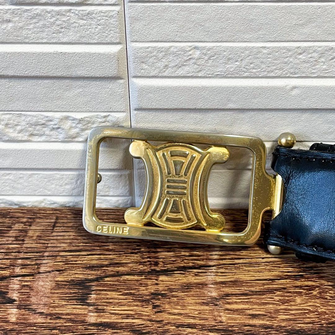 良品 セリーヌ レザー トリオンフ バックル ベルト ゴールド金具 ブラック