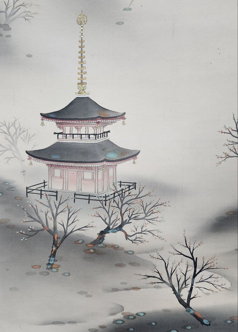 【春の遠山 如意輪堂図】湧石 988　掛け軸　肉筆