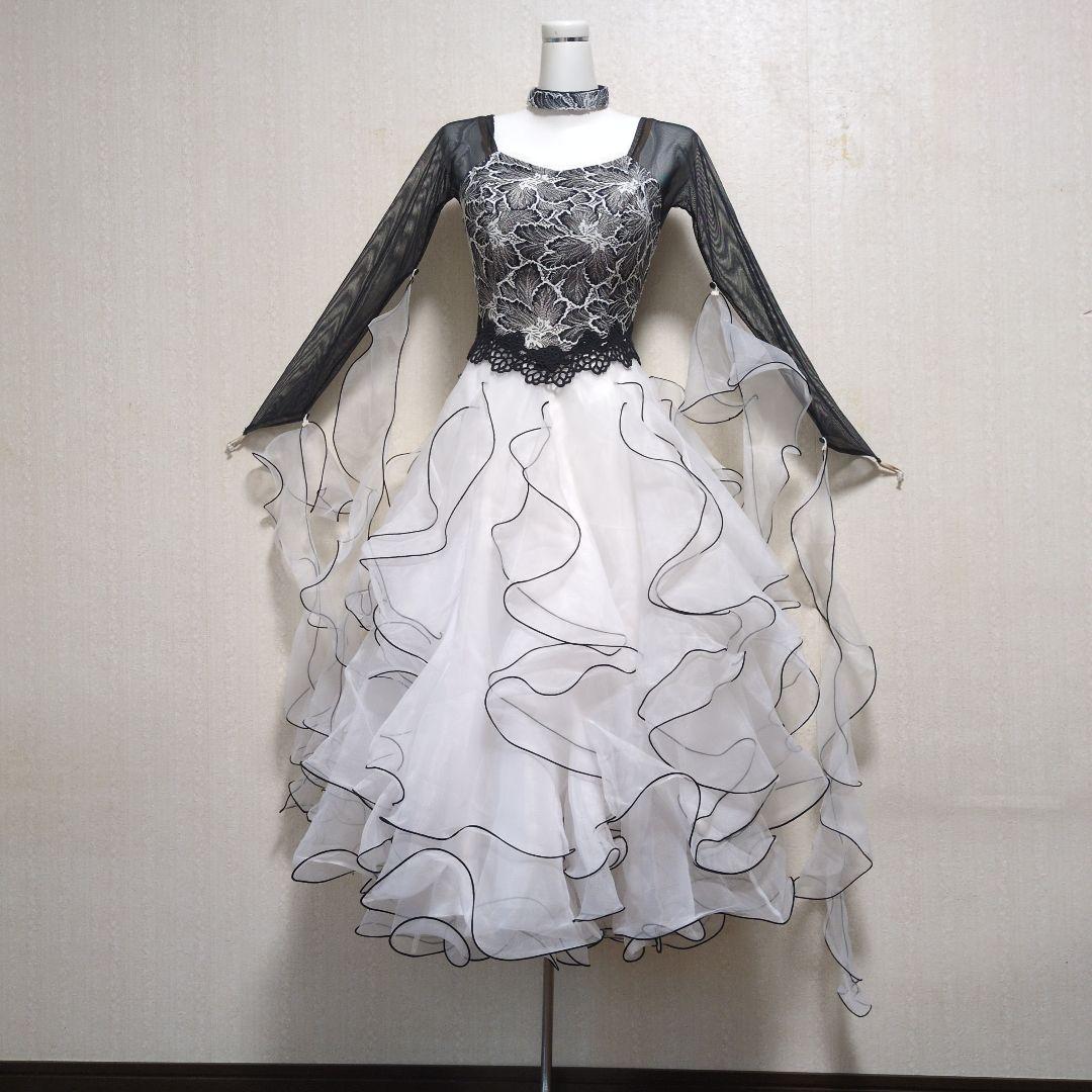 社交ダンス　スタンダード　ドレス　白黒レース　 ワンピース パスタイム　日本製