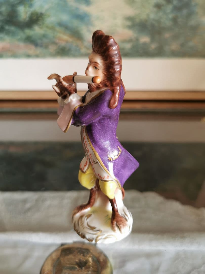 アンティークドイツ 楽隊フィギュリン 笛を吹く正装したモンキー 猿のオーケストラ