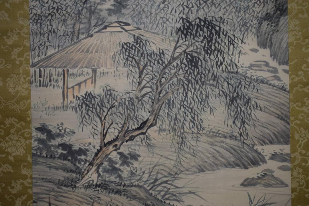 真作/神木鴎津/緑陰孤亭図/山水東屋図/絹表装/布袋屋掛軸HH-959