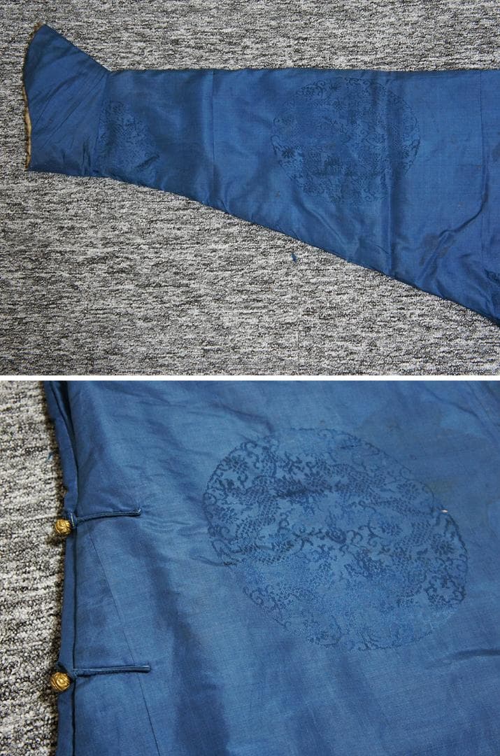 【織】　★ 織繍 藍色暗花綢羊皮常服袍 ★　清朝期　二龍戯珠 織綴文様　宮廷珍玩