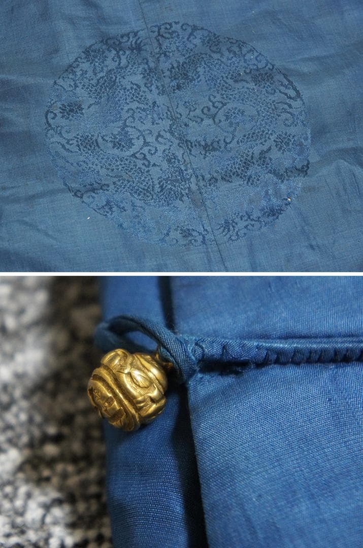 【織】　★ 織繍 藍色暗花綢羊皮常服袍 ★　清朝期　二龍戯珠 織綴文様　宮廷珍玩