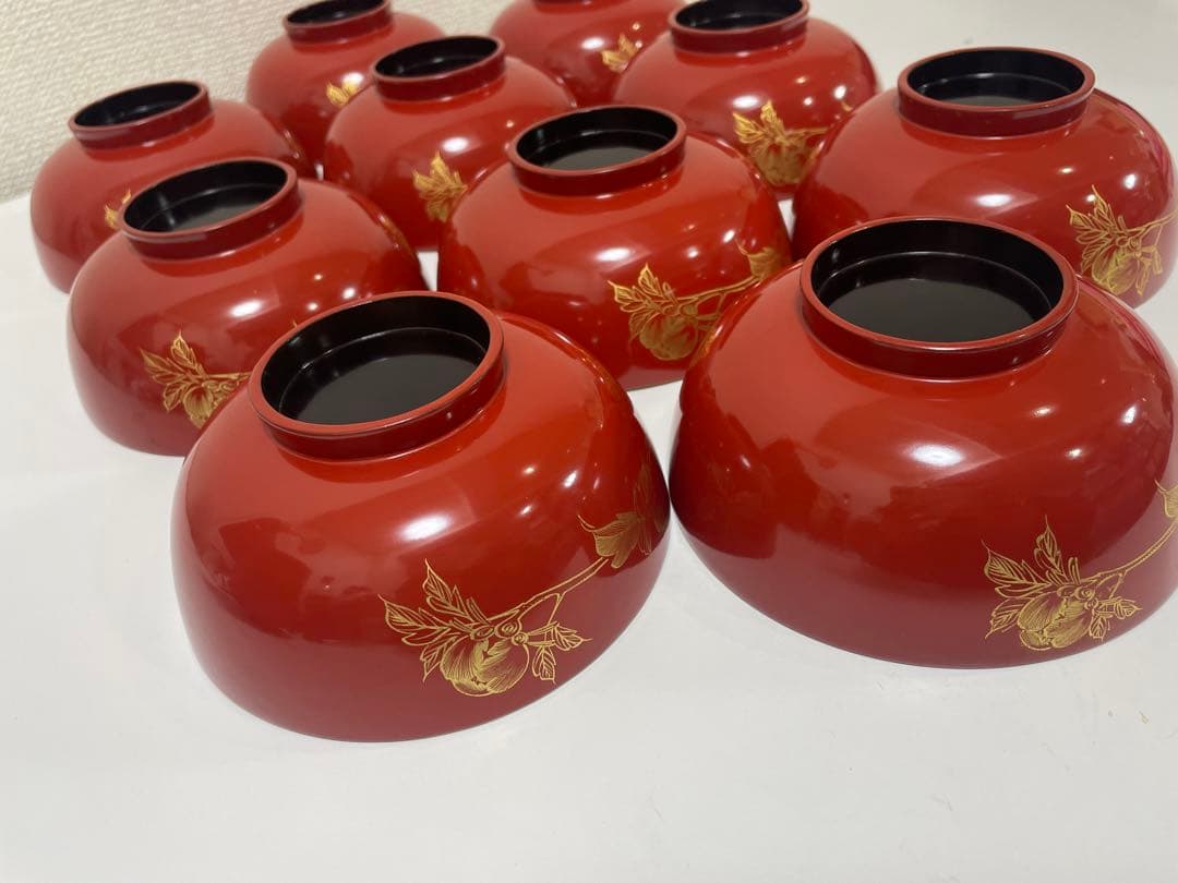 漆器 朱漆 内朱塗 漆器 吸物 懐石椀 煮物椀 10 客 牡丹柄 アンティーク