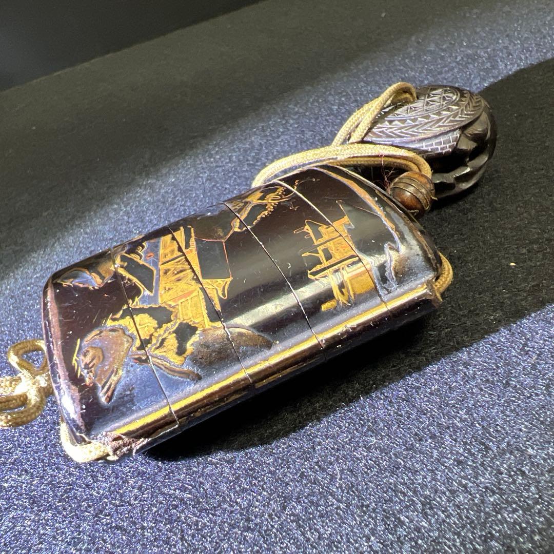 江戸時代　蒔絵木彫五段印籠、透彫木彫根付　43g 東Y8-0109☆2Fタルチ