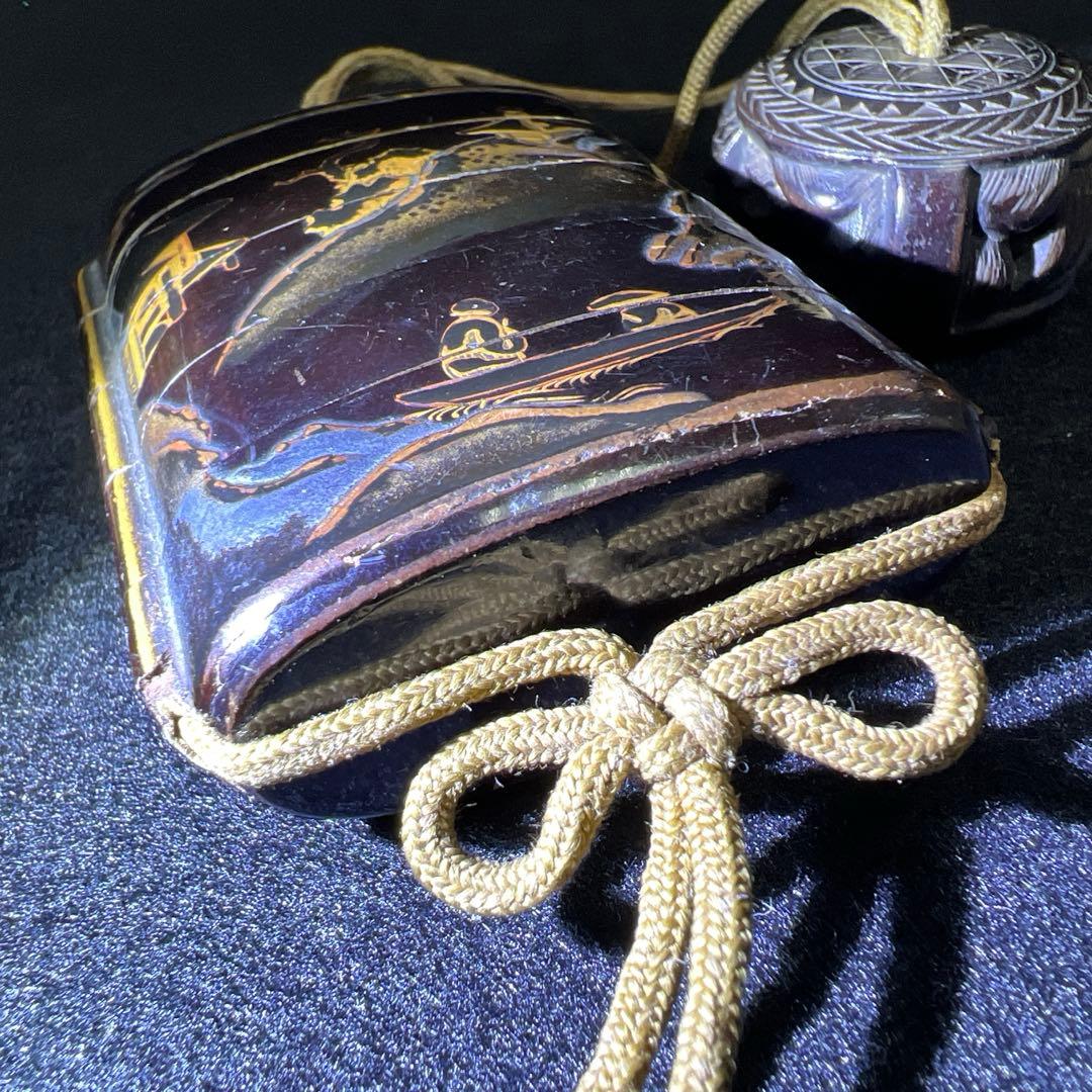 江戸時代　蒔絵木彫五段印籠、透彫木彫根付　43g 東Y8-0109☆2Fタルチ