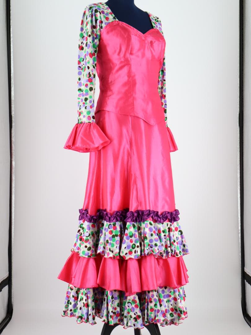 【美品 フラメンコ衣装】光沢ピンク×マルチカラー柄 ブラウス ファルダ スカート