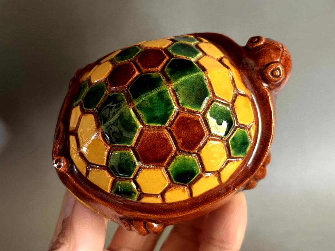 香合■松古窯 佐久間芳丘 交趾大亀 香合 三彩亀 六角形亀甲 時代物 骨董品■