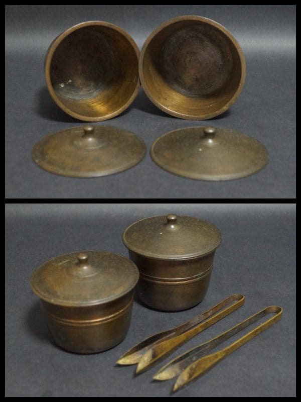 明治期 大型古銅製 桔梗座燭台 灯火器 蝋燭立 灯具一雙 蓋付小壺 銅製ハサミ付