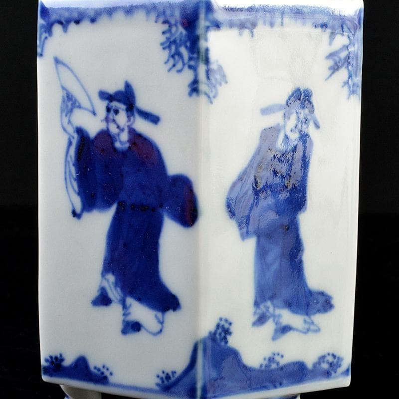 九谷焼　古九谷　染付　山水人物文　六角香炉　時代箱付　V　R5819