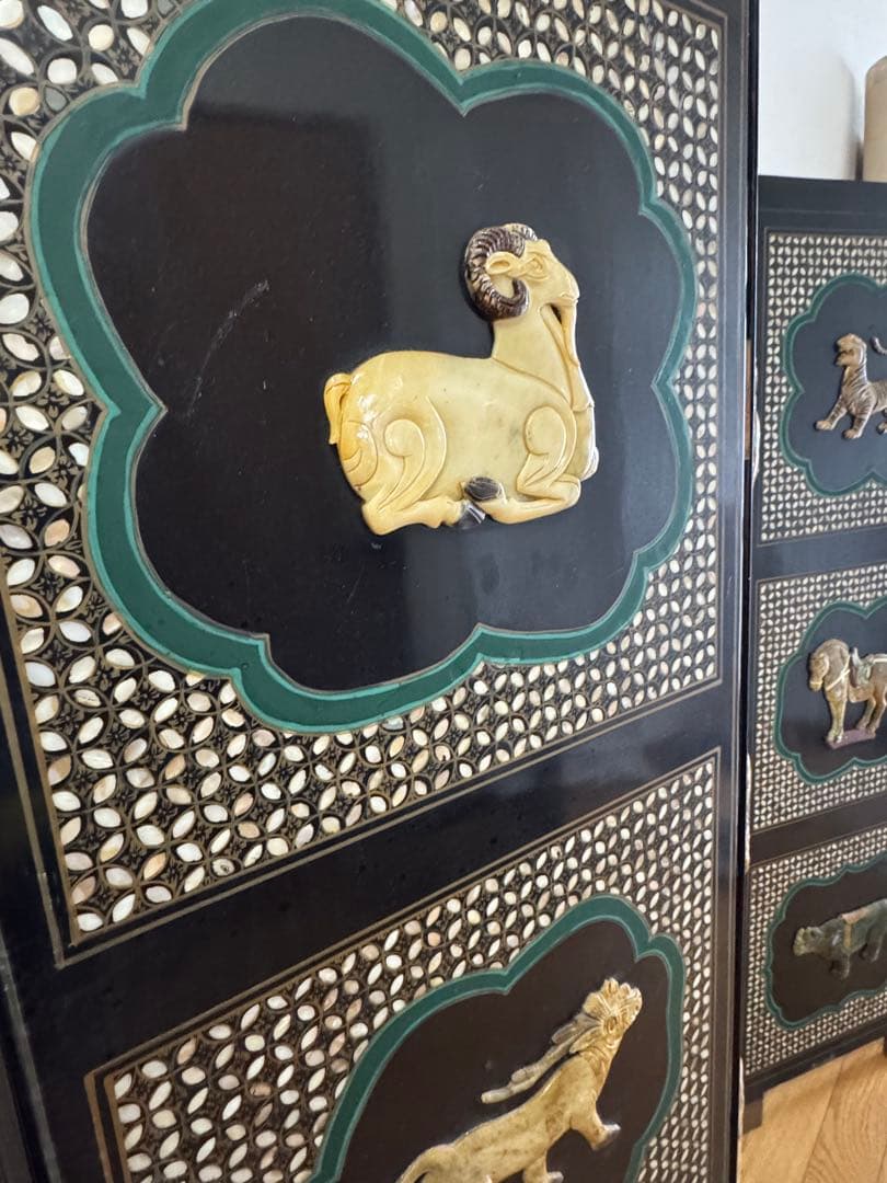 中国骨董　螺鈿細工　四曲屏風　衝立　アンティーク